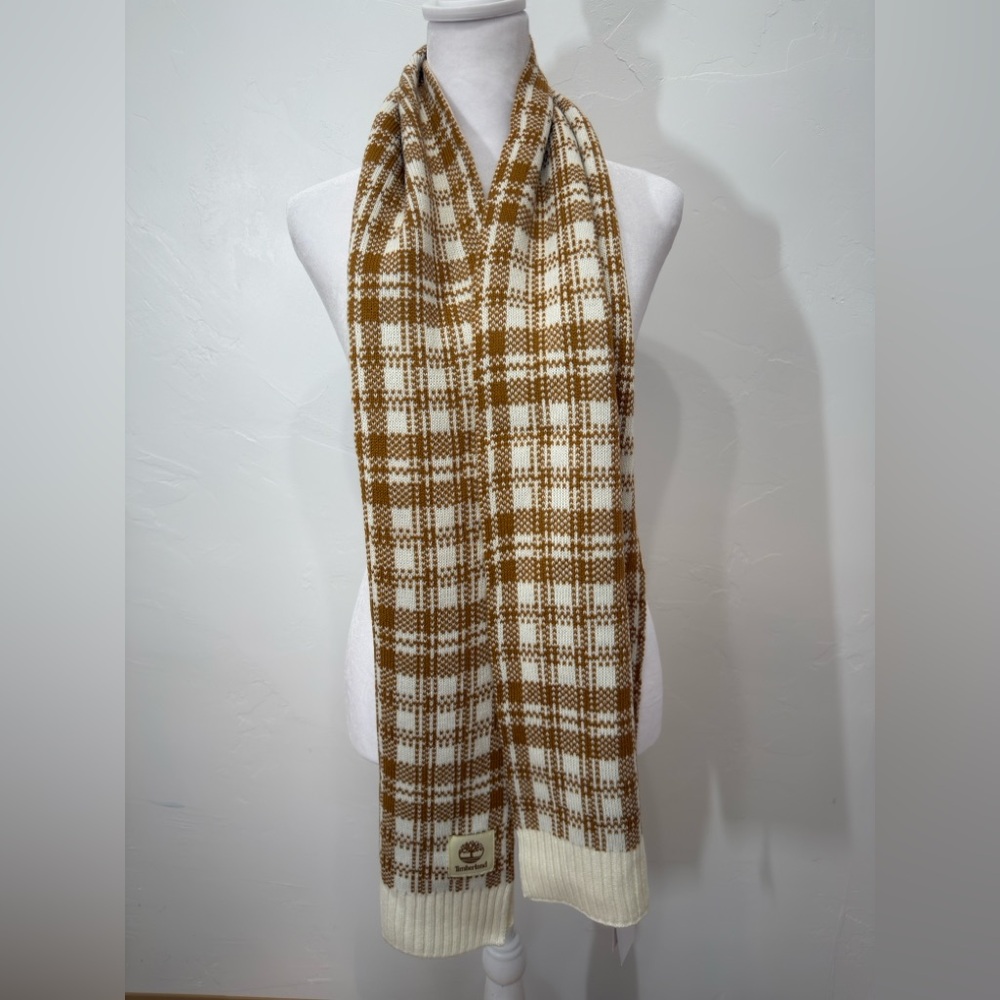 🆕 Timberland Tan/Ivory Plaid Knit Scarf, New with Tags